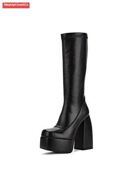 Mid Calf Knee High Heeled Boots Square Toe Side Zipper Punk Style Microfiber